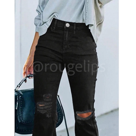 Black Flare Leg Distressed Jeans Zipper High Waist Stretchy - Picture 4 of 6